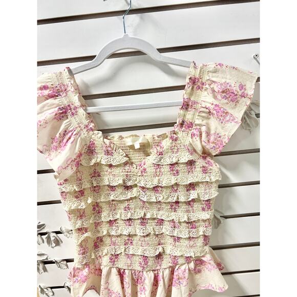 LoveShackFancy Floral Flutter Sleeve Compass Smocked Blouse Top Cream/Lilac S - Picture 4 of 8